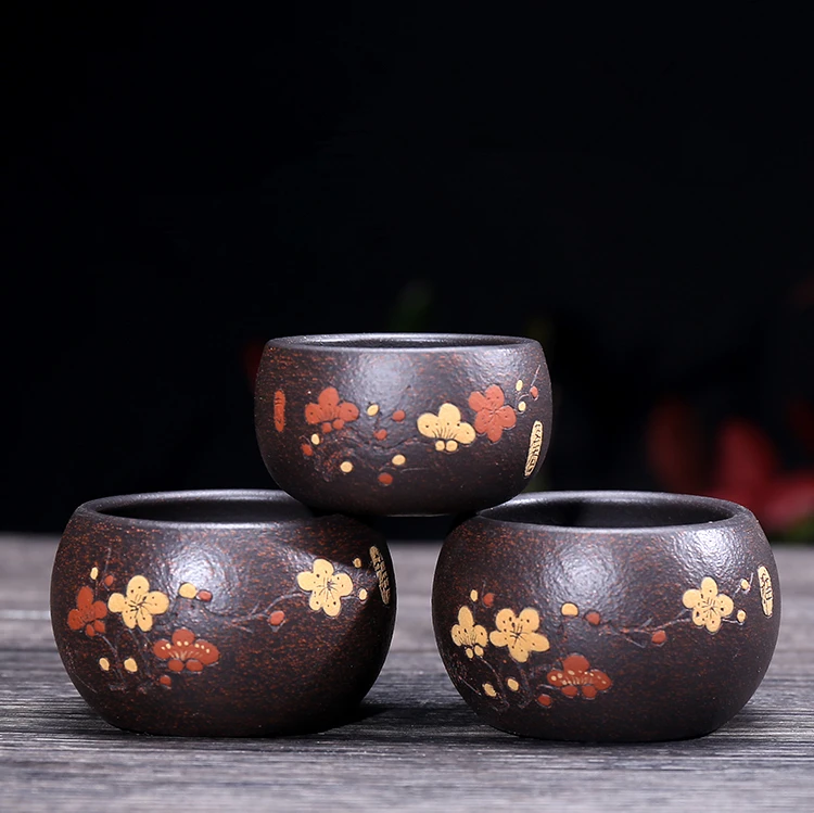 one cup real yixing zisha tea cups wintersweet flower relief handmade kungfu tea cup marked black galaxy clay cup of tea on sale