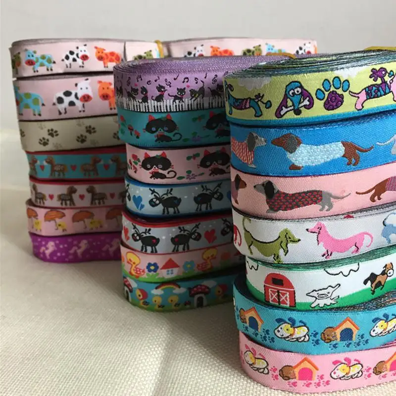 24 different colors Cow Duckling wholesale 5/8 \'(16 mmx5yards) Polyester Woven Jacquard Ribbon with Dachshund dog For Dog Collar