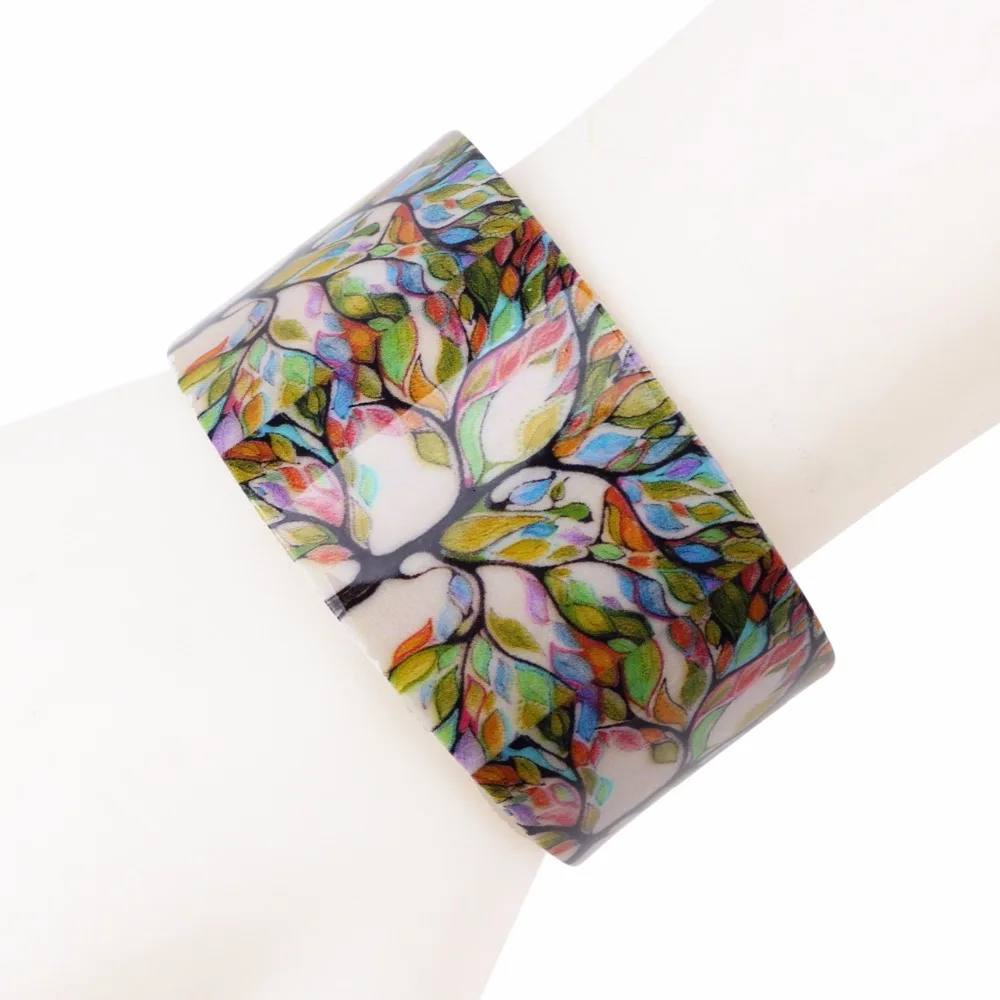 Bonsny Acrylic Colorful Tree Pattern Wide Retro Bracelets Bangles Fashion Jewelry For Women 2017 New Spring Summer Accessories