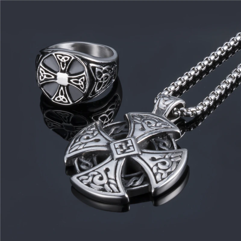 Elfasio Jewelry Set Ring Penadnt Set Celtic Knot Symbol Nordic Stainless Steel Necklace Chain Vintage Fashion