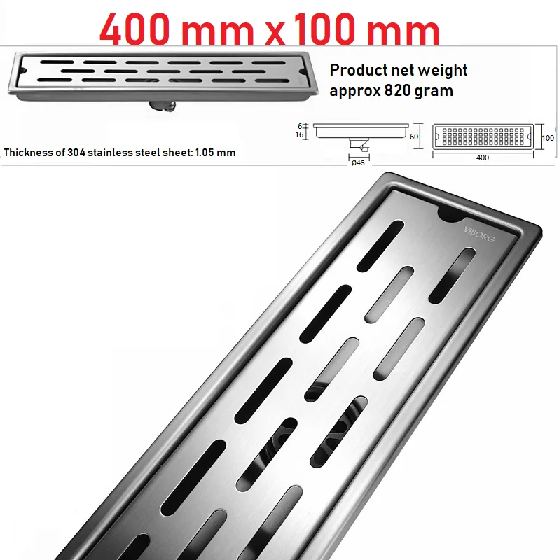 VIBORG 400mm x 100mm Deluxe 304 Stainless Steel Extra-thick Rectangular Bathroom Shower Linear Floor Drain Drainage Stainer