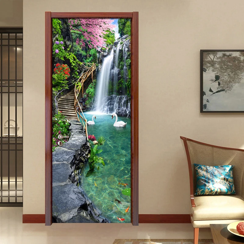 

Waterfall Landscape 3D Photo Wallpaper For Living Room Bedroom Door Sticker PVC Self-Adhesive Vinyl Wall Paper 77x200cm/95x215cm