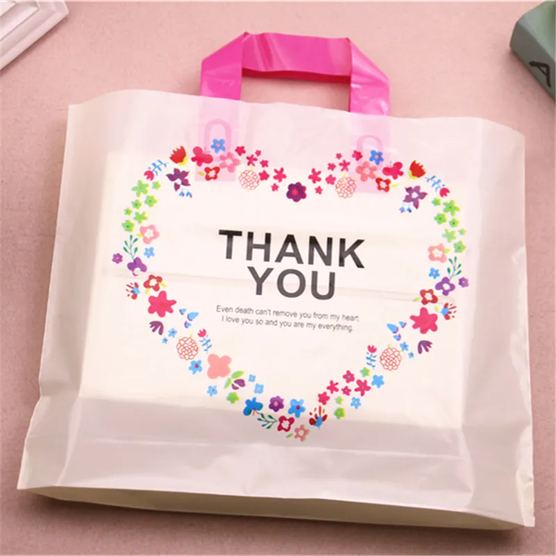 Thicken Plastic Clothing Packaging with Handles Thank You Shopping Gift Bags with Flower Heart 10pcs 29*35cm Can be Customized