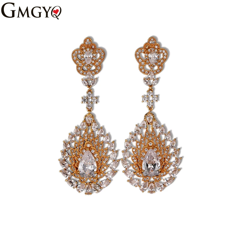 GMGYQ Zircons Top Kwaliteit Zirconia Rose Goud Kleur Grote Lange Dangle Drop Bridal Wedding Oorbellen Sieraden Voor Vrouwen