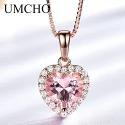 UMCHO Solid 925 Sterling Silver Necklaces For Women Rose Pink Morganite Charm Heart Pendant For Girl Gift Fine Jewelry