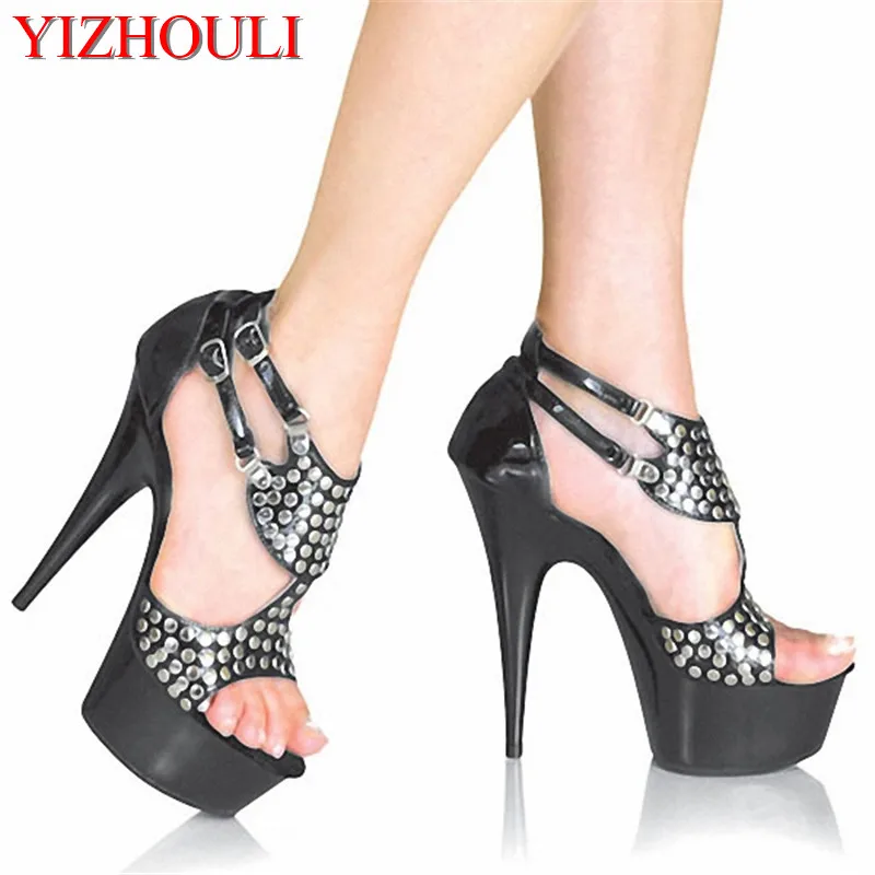 

Rivet trim uppers with tailored sandals, seductive 15cm tall thin shoes, model banquet stage sandals