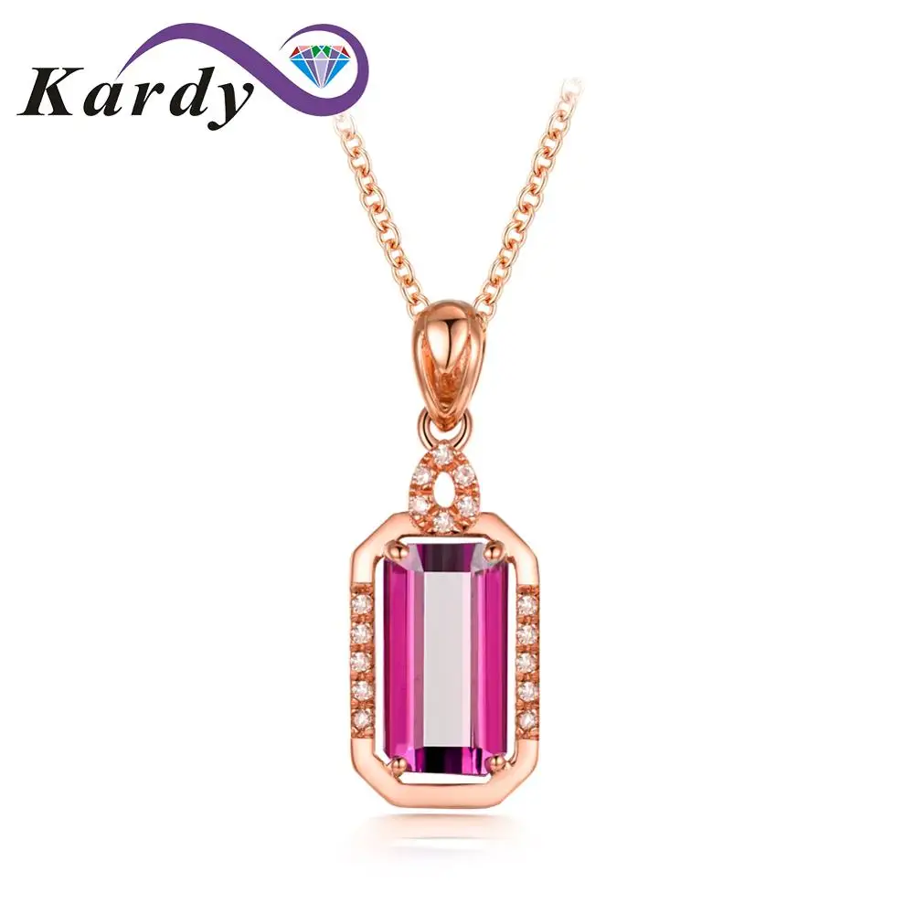 

Rare Pink Tourmaline Gemstone Diamond 14K Rose Gold Emerald Cut Wedding Engagement Fashion Necklace Pendant Set for Women