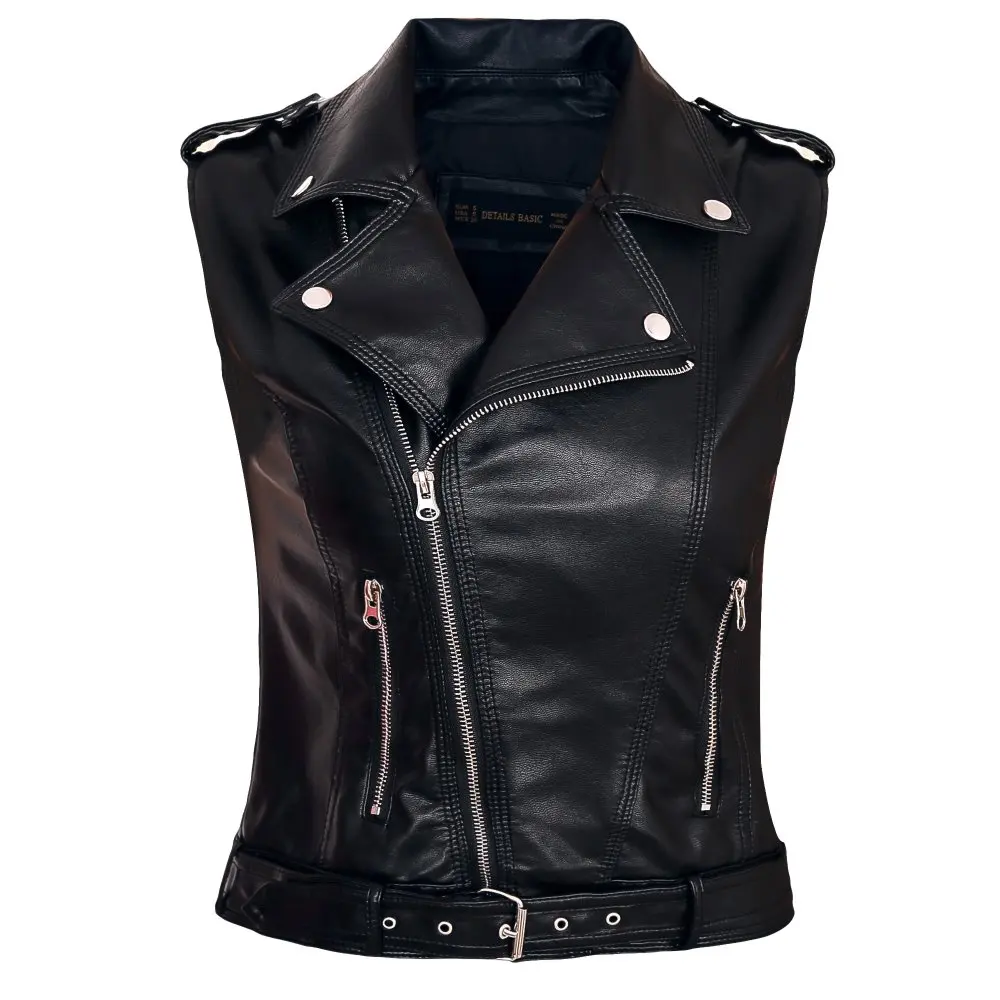 Cuoio del Motociclo delle donne Cuoio DELL'UNITÀ di elaborazione Femminile di Modo Della Maglia Senza Maniche Giacca Taglia XL Turno Collare Tasche del Panciotto Delle Signore cappotto