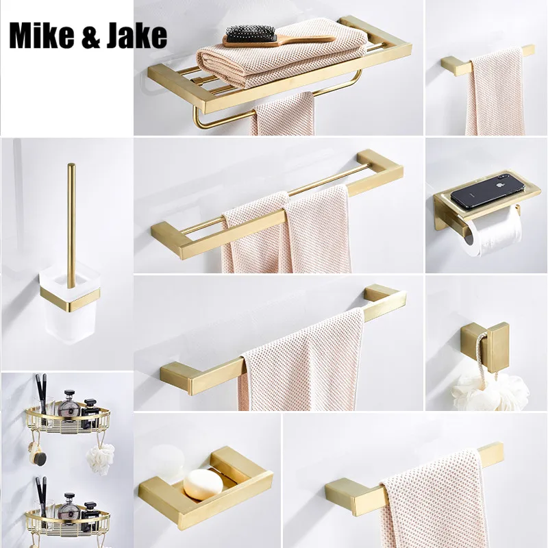 Gold brush Bathroom accessory Set Gold brass Hook Towel Rail Rack Bar Shelf Paper Holder Toothbrush Holder Bathroom shelf MJ810