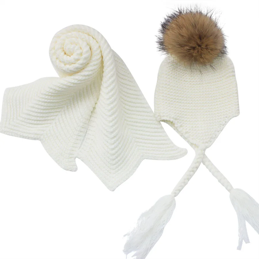 Crianças de malha cachecol chapéu conjunto de luxo inverno quente crochê chapéus e cachecóis com pele real pom beanie chapéu cachecol para meninos e meninas