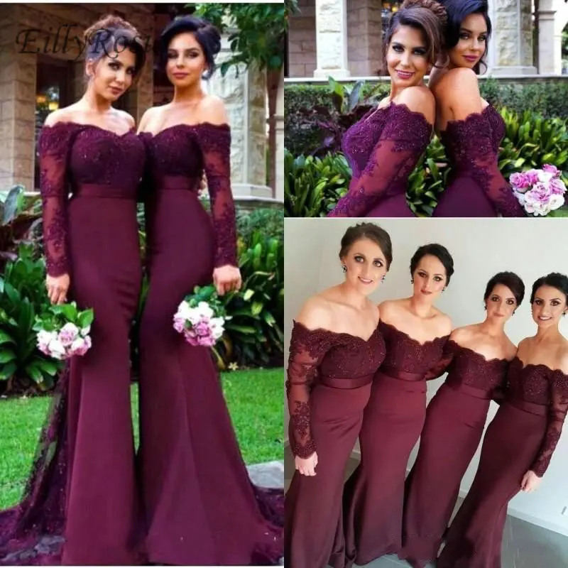 

Long Sleeve Burgundy Bridesmaid Dresses for Wedding Party Women Lace Appliques Off the Shoulder Mermaid Maid of Honor Dress