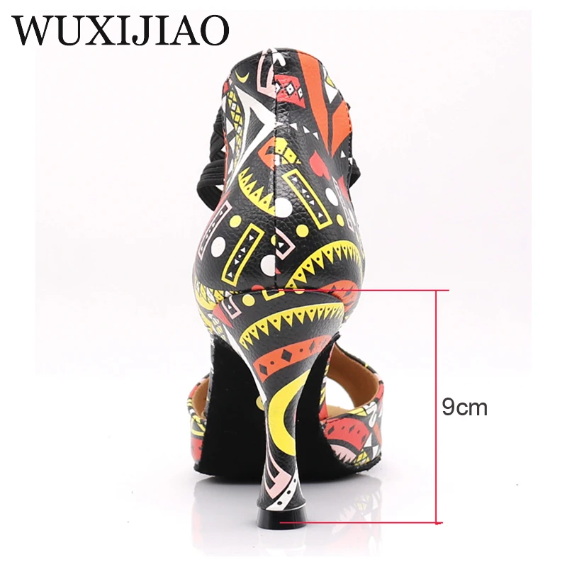 WUXIJIAO New Featured print Dance Shoes For Women Latin Salsa Dance Boots Paty Ballroom Dance Shoes Women Shoes 9CM KS-028