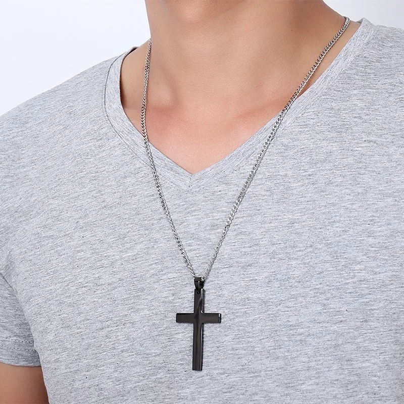 Meaeguet Classic Cross Necklaces For Men Pendant Stainless Steel Black Cruz Necklaces Human Suffering And Hope Symbol 24\