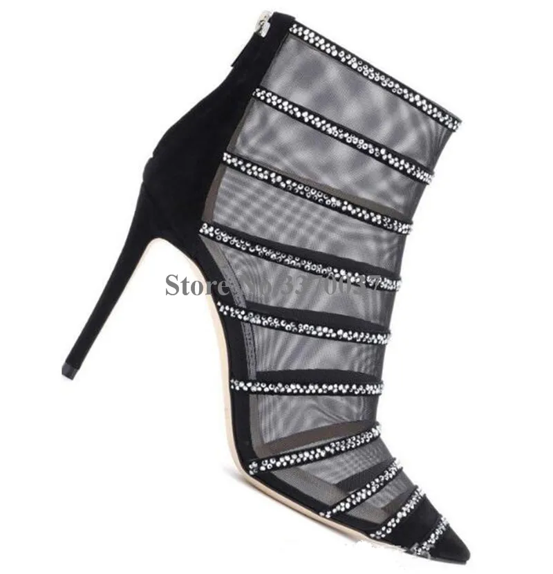 Women Charming Bling Bling Black Suede Leather Mesh Rhinestone Short Boots Back Zipper-up Crystal Thin High Heel Ankle Booties