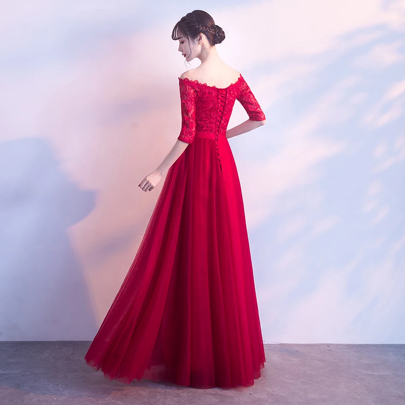 Robe de soiree Wine red Off Shoulder Strapless lace up A-Line Elegant evening Dresses vestido de festa Party Dress Prom Dresses