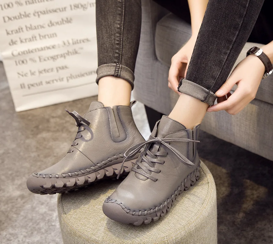 Lace-up Genuine Leather Women Boots A518 Fashion Casual Low Tube Round Toe Real Leather Shoes Winter Shoes Warm Thick