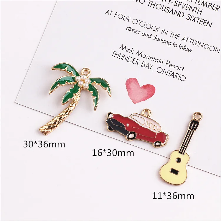 MRHUANG 10pcs/pack Enjoy life Classic Car Guitar Musice Coconut trees enamel Charms for Bracelet Necklace DIY craft