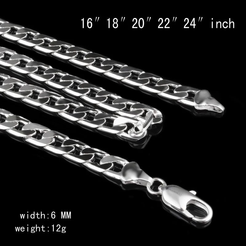 Silver 925 Necklaces for Men 6mm Width Chain Necklace Choker Collier Homme Sterling Jewelry Accessories (16inch-24inch)