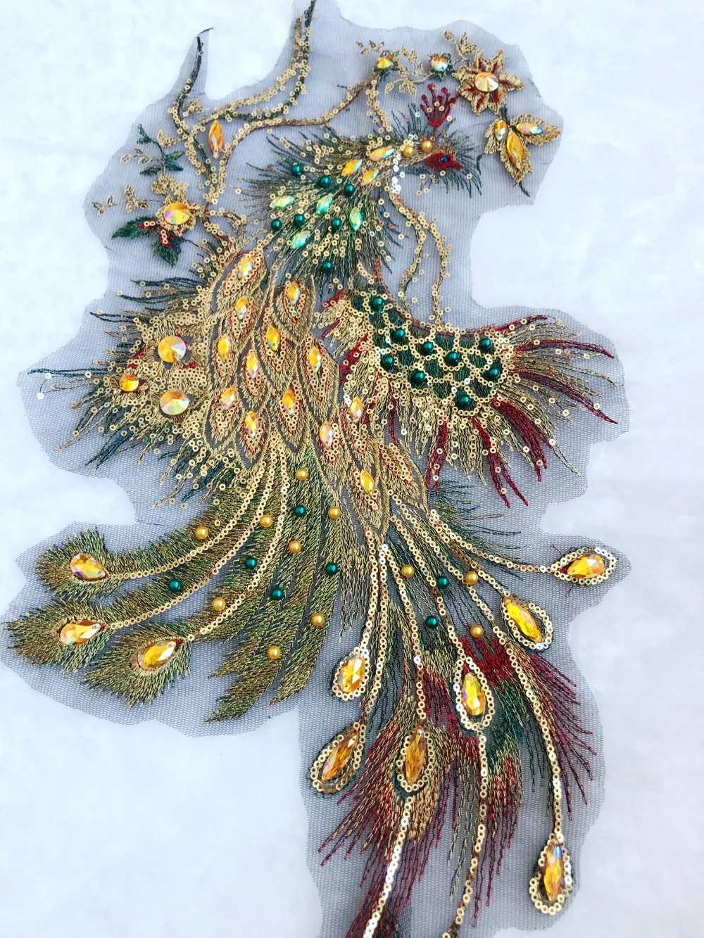 Large Gold Phoenix Peacock Beaded Mesh Patches Applique For Evening Dress Diy Clothing Decoration Accessories Patches Craft