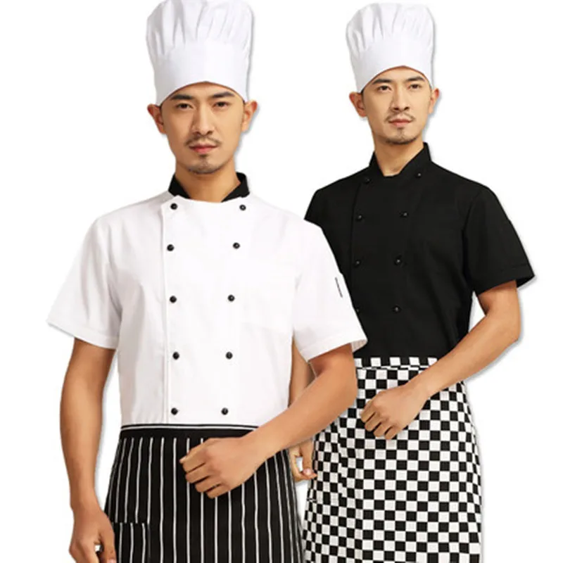 New! Summer Short-sleeve Breathable Double-breasted Restaurant Food Service Chef Jacket Kitchen Chef black and white Uniform