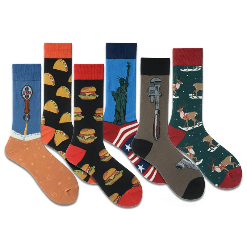 Men Socks Happy Delicious Food Print Colorful Socks Hamburger Pizza Funny Socks Harajuku Skateboard Cotton Dress Wedding Sokken