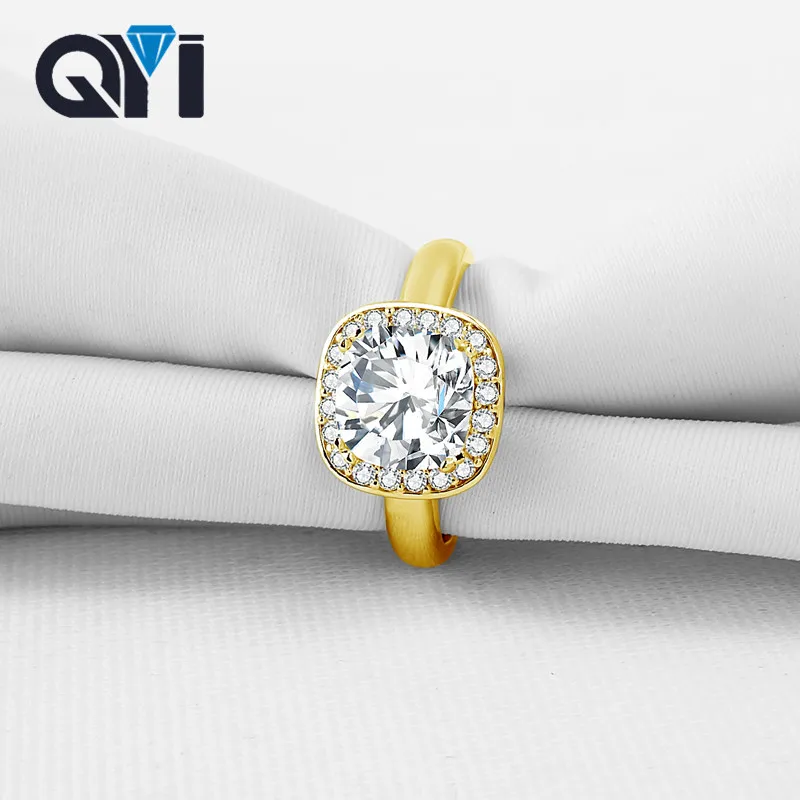 QYI Luxury Design Women Jewelry Rings Cushion Cut Moissanite Diamond 14K Solid Yellow Gold Engagement Wedding Band Ring