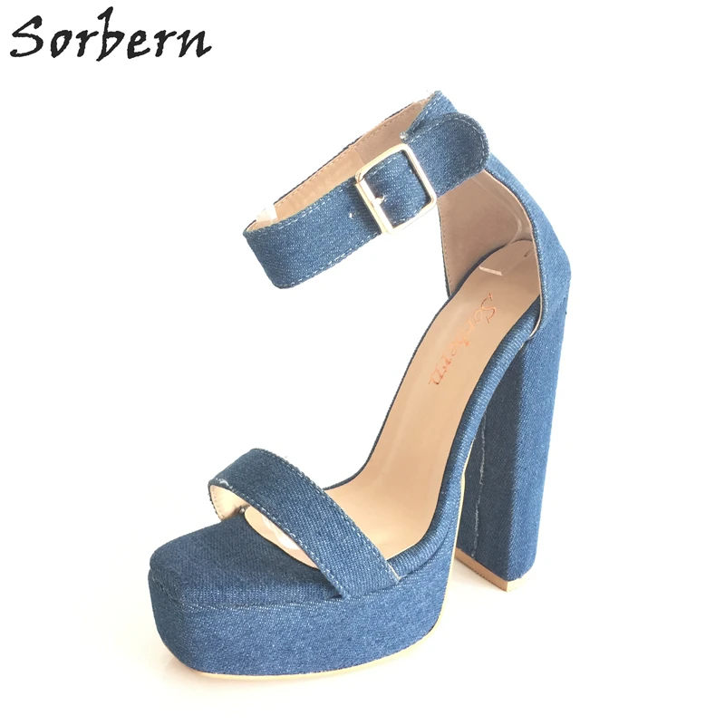 

Sorbern Blue Jean Sandals For Women Platform High Heels Ankle Strap Square Toe Denim Chunky Heels Size 34-46 Custom Colors