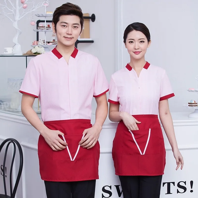 Hotel Workwear Summer Female Waitress Restaurant Unifrom Jacket Hotel Fast Food Hot Pot Milk Tea Shop Waiter Men Overalls H2269