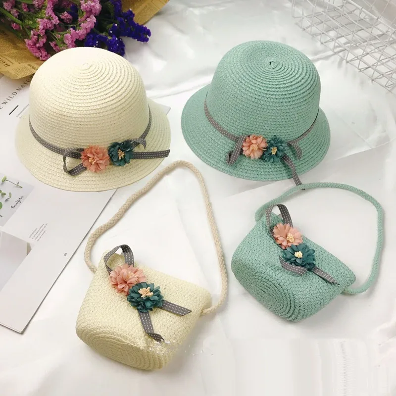 Cute Girls Straw hat Sun Hat +Should bag Handbag 2pcs sets For Tour Summer Kid Princess Floral Beach Hats For Party Outdoor