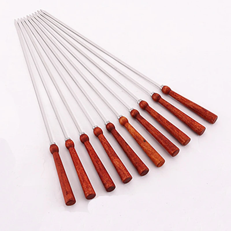 New 10pcs 16.9''(43cm) 304 Stainless Steel BBQ Skewer Barbecue Skewers with Wooden Handle Grilling Kebob Skewers BBQ Grill Tools