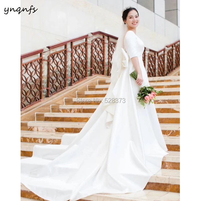 YNQNFS W91 Boat Neck Elegant Big Bow Backless Bridesmaid Dresses Wedding Party Bridal Dress Cathedral 80cm Long Train 2019