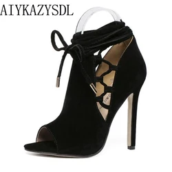 AIYKAZYSDL zapatos mujer Nastro Open Toe Stivaletti Primavera Estate Flock Cross Legato Stiletto Pompa Tacco Alto Partito Roma Scarpe