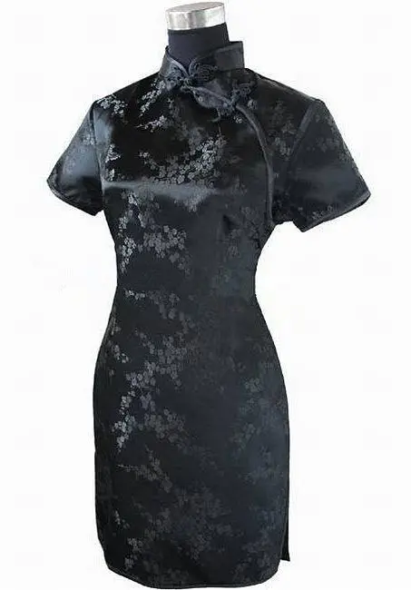 Qipao chino tradicional negro para mujer, Sexy Vestido corto, Mini Cheongsam hecho a mano, botón de flor, talla grande 3XL, 4XL, 5XL, 6XL