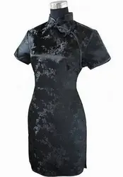 Black Traditional Chinese Women Qipao Dress Sexy Short Mini Cheongsam Handmade Button Flower Large Size 3XL 4XL 5XL 6XL