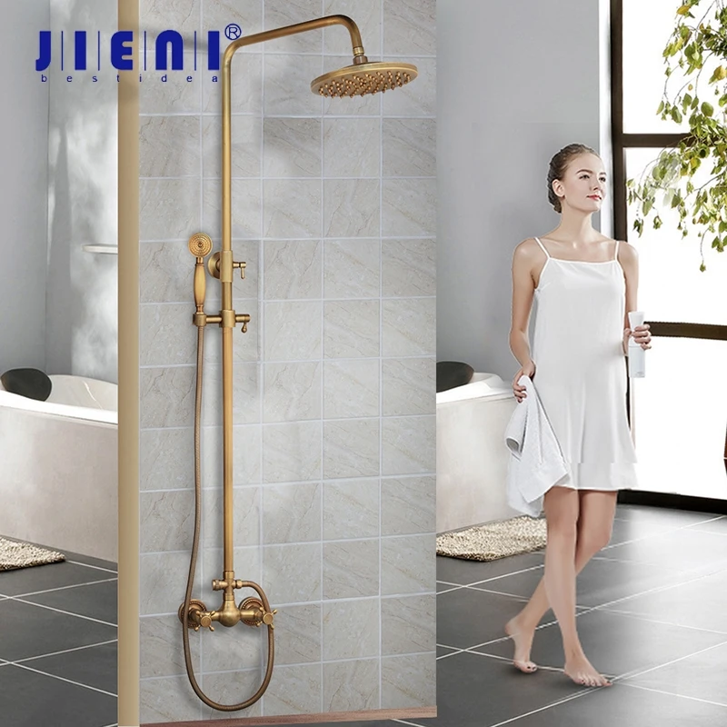 

JIENI Antique Brass Wall Mount Rainfall 8 Inch Round Head 2 Functions Hand Shower Bathroom Shower Faucet Set Mixer Taps