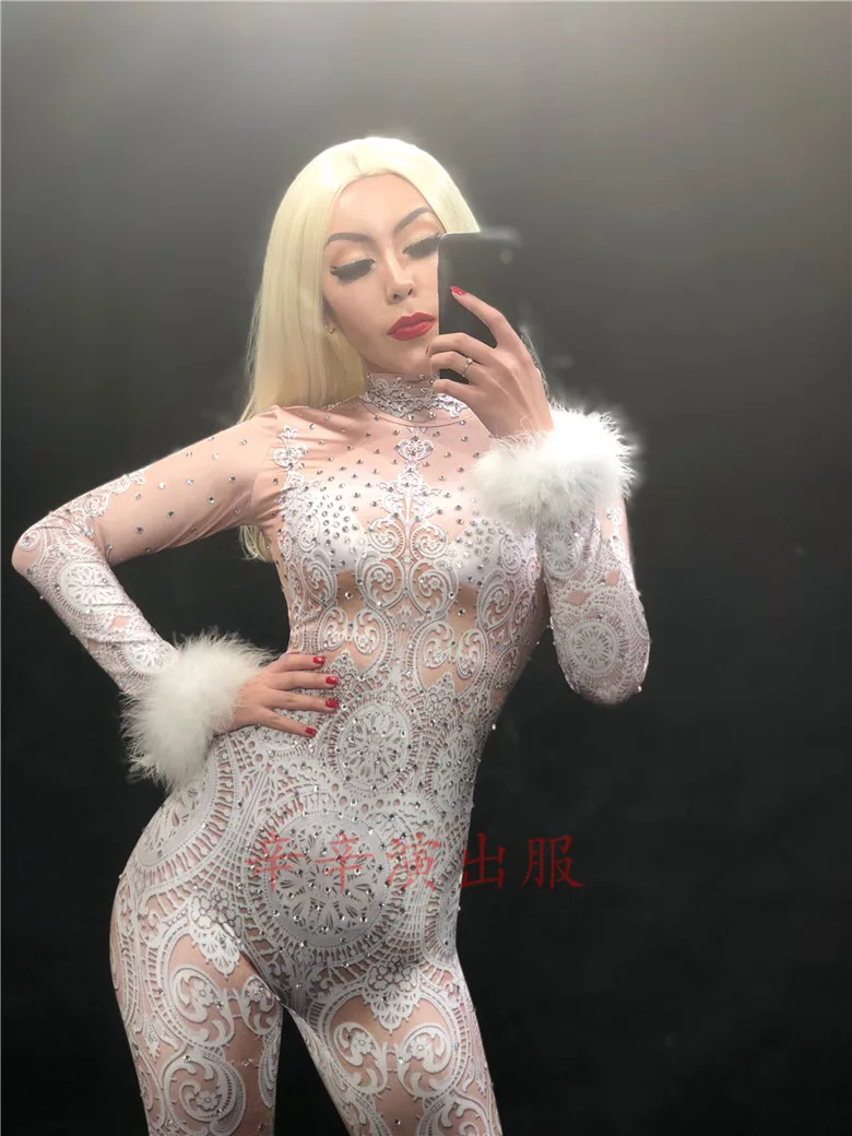 

Ds Dj White Lace Nude Rhinestone Jumpsuit Female Singer Stage Wear Bodysuit One-piece Costume Glisten Stones Stretch Outfit