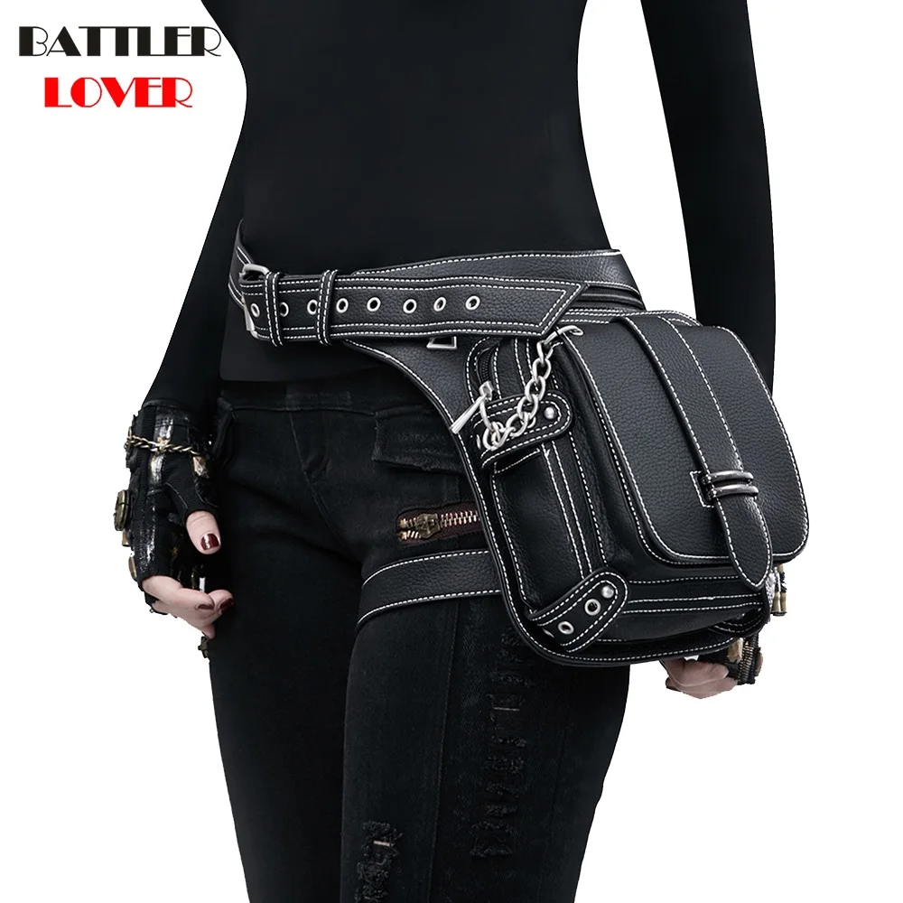 Lady Pockets Retro Waistbag Messenger Bag Punk Mujer Femme Women Hiking Waist Bag Womens High Quality PU Leather Travel Leg Bag