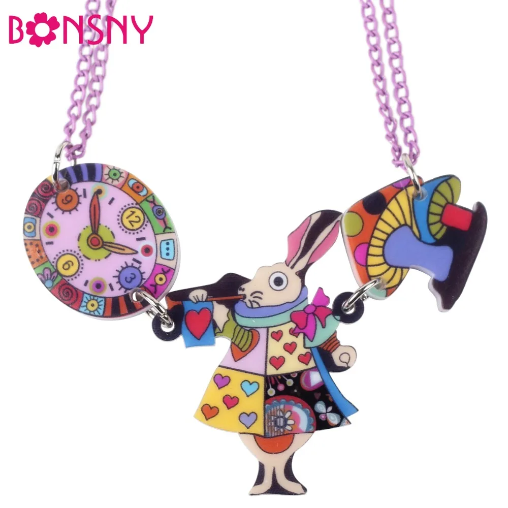 Bonsny King Mouse Rabbit Clock Necklace Acrylic Pendant News Accessories Choker Collar Animal Fashion Jewelry Girls Women Gifts