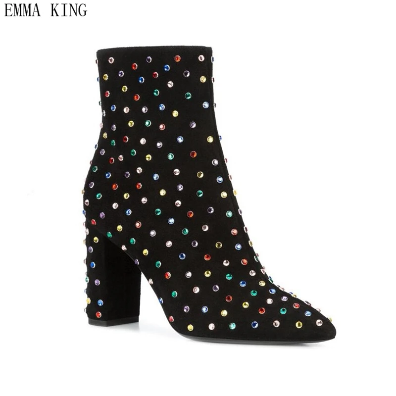 

2018 Colorful Rhinestone Studded Ankle Boots Thick High Heels Short Boots Mixed Colors Zipper Crystal Pointed Toe Ladies Shoes