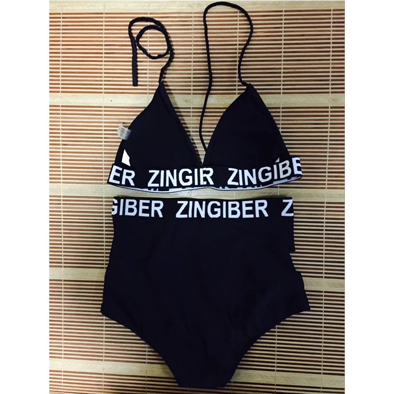 FS High Cut Bikinis Set Black Letter Zingiber Halter Top Bandage High Waist Bathing Suit Swimsuit Plus Size Swimwear Beach Women