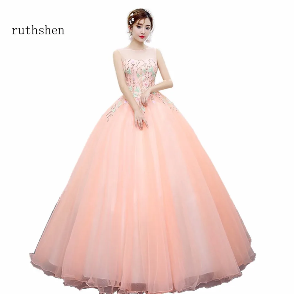 

ruthshen Pink Ball Gown Prom Dresses 2020 New Flowers Embroidery Long Vestido Formatura Evening Gowns Real Photo