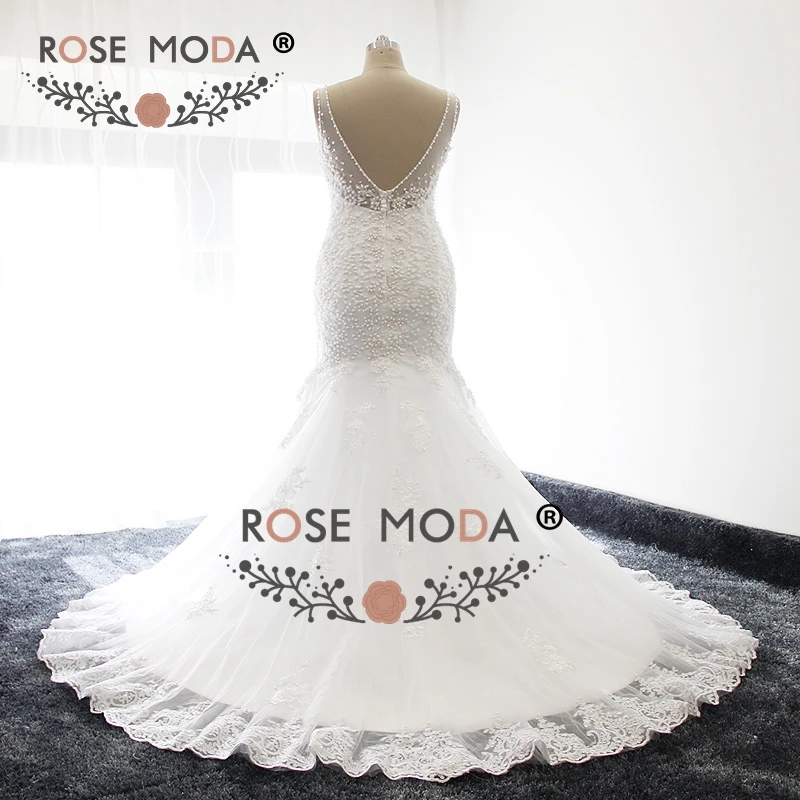 Rose Moda Ren Mermaid Wedding Dress Low V Trở Lại Boho Wedding Dresses 2019