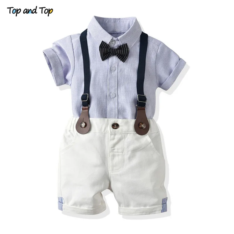 Conjunto de ropa de Top y Top para bebé, camisa de manga corta de caballero y pantalones cortos de tirantes, trajes de 2 piezas, conjunto de ropa