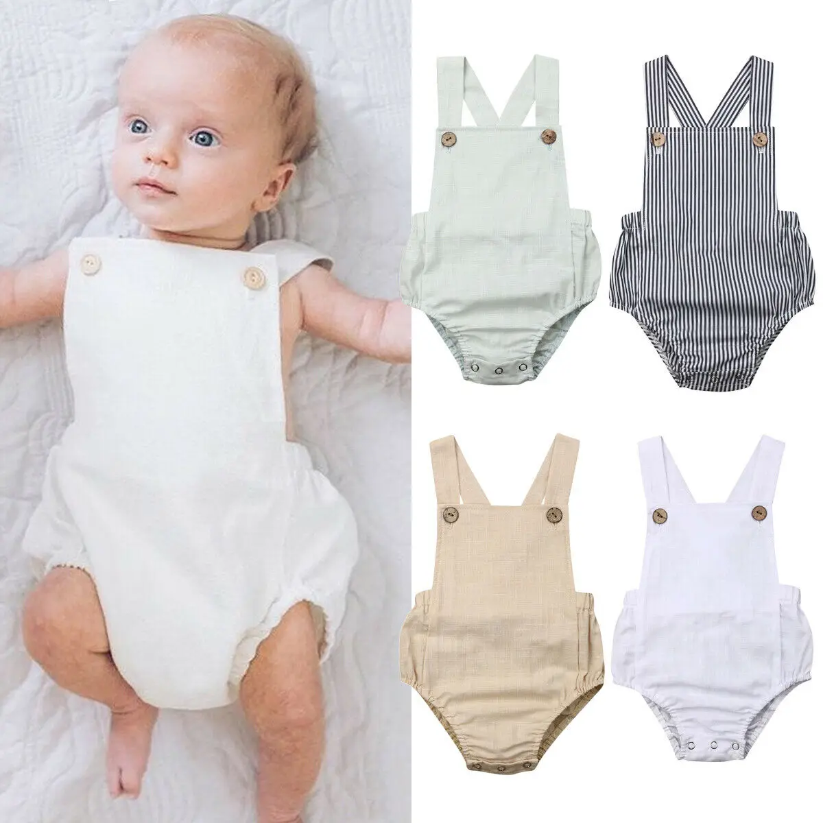 Newborn Infant Baby Boys Girls Bodysuit Stripes Button Decoration Solid Jumpsuit Outfits Sunsuit Kids Clothes