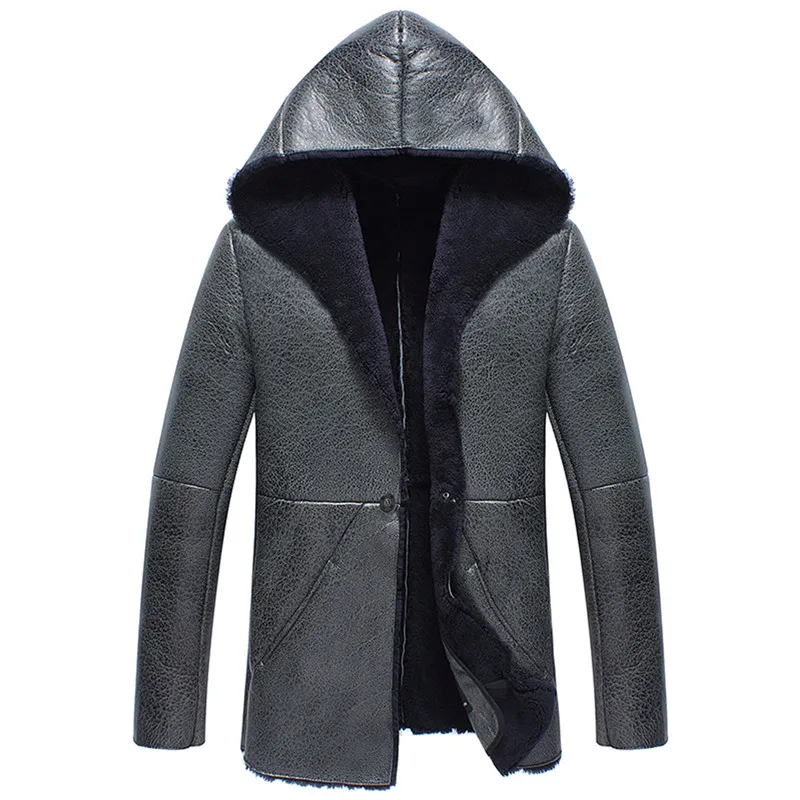 

Denny&Dora Gray Color Hooded Mens Shearling Coat Mens Fur Coat B3 Sheepskin Outwear