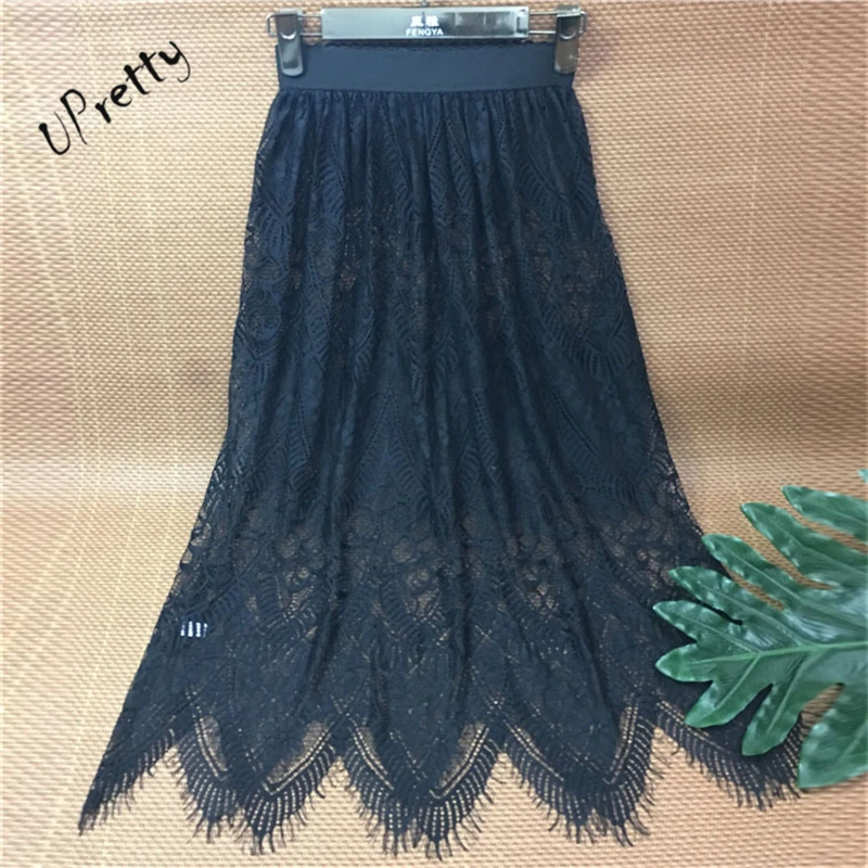 Women Sexy See Through Lace Skirt Spring Summer Vintage Casual High Waist Elastic Floral Hollow Out A-Line Transparent Skirt 127