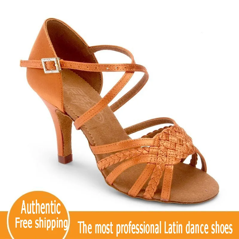 Latin Dance Shoes Woman Adult Soft Bottom Awl Heel Salsa Square Dance Shoes BD Latin Shoes Genuine 2365 Imported Satin Diamond