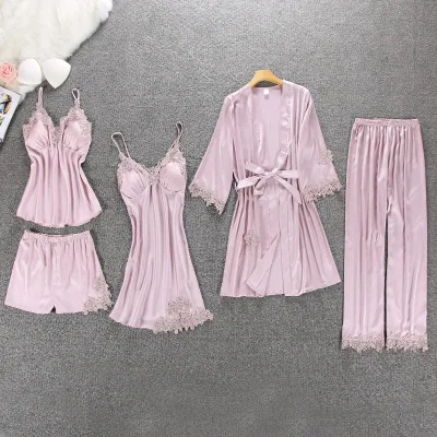 Daeyard conjunto de pijamas femininos de cetim, pijamas de 5 peças, roupa de dormir em seda, roupa de casa, bordado, pijama de renda e com apoio de