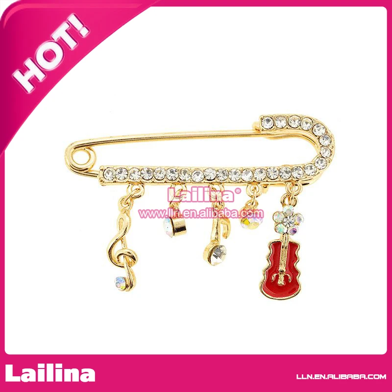 100pcs/lot Golden-tone Music Note Rhinestone Brooch Pins