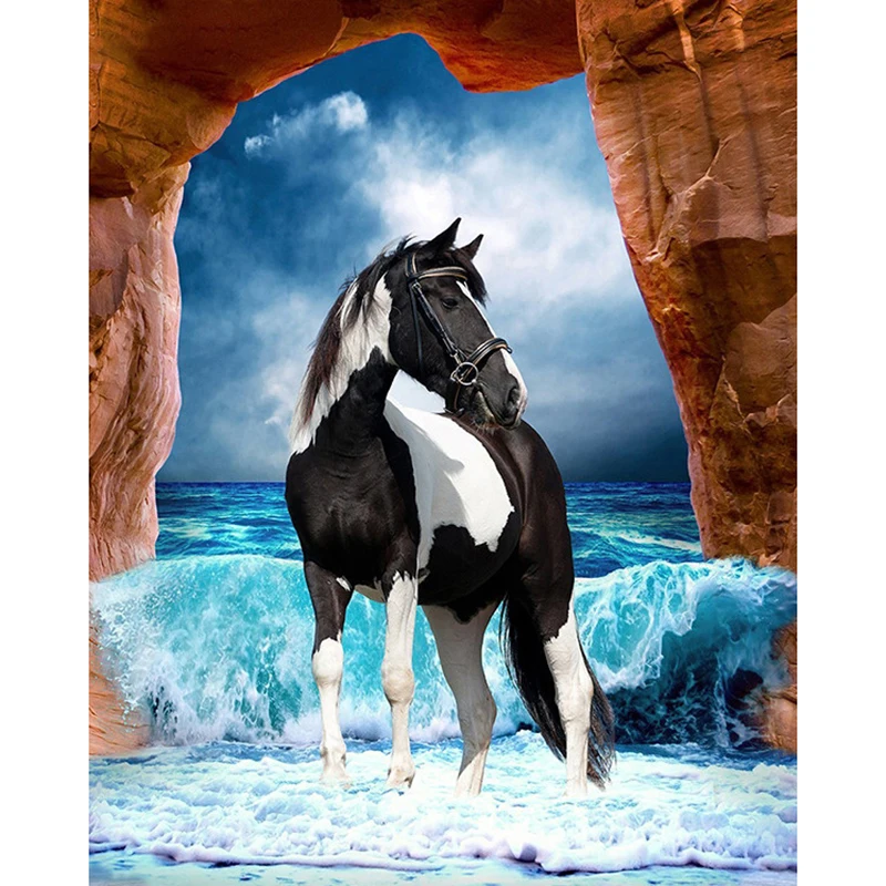 Full Square Diamond painting Cross stitch cliff horse sea wave  Full Round Diamond mosaic 5D DIY Diamond embroidery